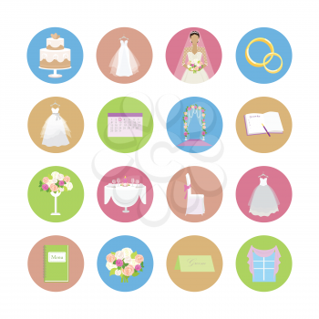 Set of wedding icons. Flat design vector. Collection of color round icons with wedding ceremony attributes. Preparation for marriage. For wedding organizing company ad, app pictograms, web design