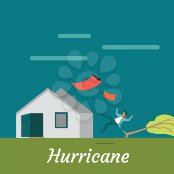 Hurricane destroying house and killing man. Natural disaster. Deadly strong wind near house ruins everything. Hurricane damages village cottage. Catastrophe caused by strong wind. Vector illustration