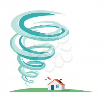 Tornado and hurricane infographics. Natural disaster symbol icon sign. Deadly tornado near house. Tornado swirl damages village cottage. Catastrophe caused by strong wind. Vector illustration