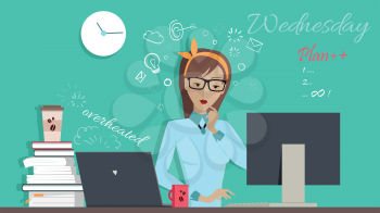 Wednesday working day. Woman planning her work for a week. Girl writing a plan of her actions for a week. Part of series of daily routine of the week. Working hours, schedule. Vector illustration.