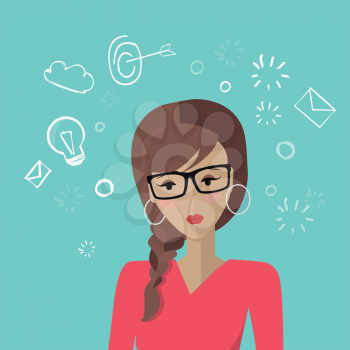 Young woman avatar icon. Young woman in glasses and red blouse. Social networks business users avatar pictogram. Creative background. Isolated vector illustration on blue background.