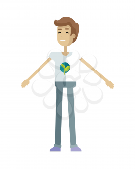 Smiling man with branch and leaves emblem on clothes, standing as part of human chain. Ecologist, environmentalist, nature protection activist or volunteer illustration. Flat design. Earth day.