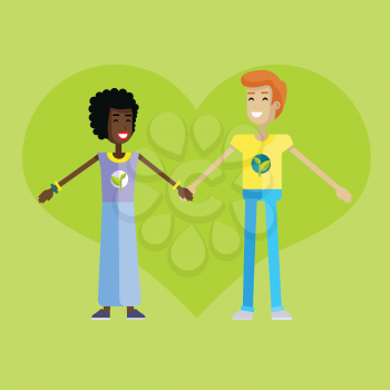 Smiling man and woman with branch and leaves emblem on clothes, standing and holding hands. Ecologist, environmentalist, nature protection activist or volunteer illustration. Flat design. Earth day.