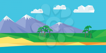 Natural landscape with sea, mountains, sky, clouds, sandy beach. Natural landscape in flat. Mountains landscape, abstract blue panoramic view. Nature background. Vector illustration.