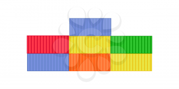 Stacks of colour cargo containers. Shipping containers. Shipping icon. Logistics and transportation of cargo freight ship and cargo container. Isolated object in flat design on white background.