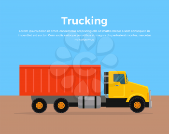 Trucking vector banner. Cargo concept in flat style design. City building. Illustration for cargo companies and services advertising. Transportation of goods and materials by heavy construction tipper