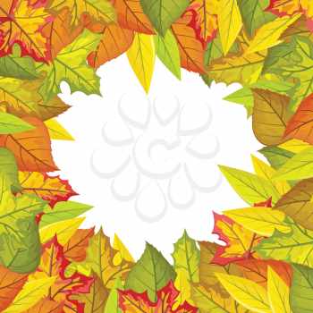 Autumn leaves vector frame. Flat style. Colored leaves of variety trees in circle with free white space in the centre. For photo decoration, nature concept, seasonal promotion and ad design