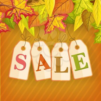Autumn sale vector concept. Flat design. Colored leaves from different trees on top and price tags with letters hanging on ropes. For clothes stores seasonal sale and discount advertising. 