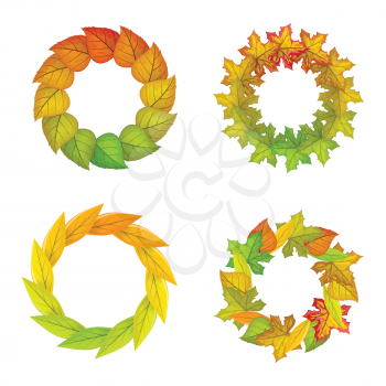 Set of autumn leaves vector frames. Flat design. Circles of colored leaves from variety trees with white free space in the centre. For decoration, nature concept, seasonal ad, promotions design
