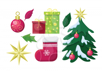 Set of Winter Holiday Attributes. Flat design vector. Illustrations of christmas tree in snow, green, red gift boxes, leaves, christmas stocking hung, star, toy. Christmas and New Year celebrating
