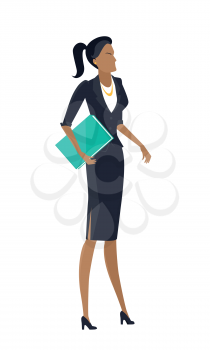 Businesswoman vector in flat design. Female character in business clothing with documents. Secretary, woman leader, feminist illustration for company ad, presentation, infographics. Isolated on white.