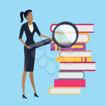 Information searching and data analysis vector concept. Flat design. Woman in business clothes standing near pile of books with magnifier. Self-education and literature reading. On blue background. 