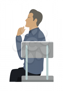 Side view of businessman in blue sweater sitting on gray chair. Business people series. Thinking person. Isolated object in flat design on white background. Vector illustration.