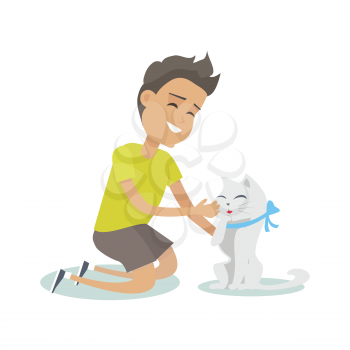 Playing with pet vector illustration in flat style design. Smiling boy playing with cute cat with illustration. Animal assisted therapy concept. Isolated on white background.