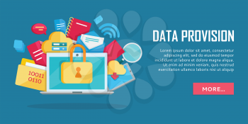 Data provision banner. Networking communication and data icons around laptop on blue background. Data protection, global storage service and online cloud storage, security and privacy, safety, backup
