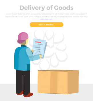 Delivery of goods concept web banner in flat style. Courier checks documents during the delivery of parcels to the customer. Illustration for delivery, retail companies and services web pages design.