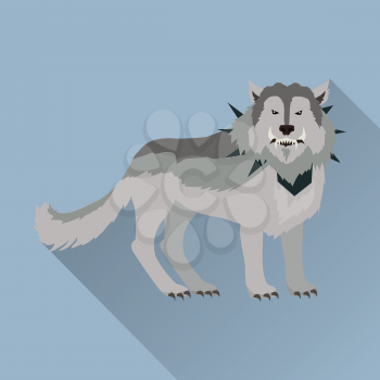 Grey wolf in the collar with spikes outside. Wolf with showing fangs. Stylized fantasy character. Game object in flat design isolated on blue background. Vector illustration