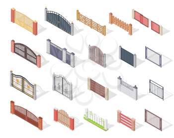 Set of gates and fences vectors. Isometric projection. Collection of metal, wrought iron, lattice and wooden gates and fences for yard. For gaming environment, app, web design. Isolated on white