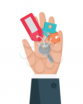 Hand with key vector in flat style design. Key from house with tag in man hand. Buying new living. Illustration for real estate company advertising, housing concepts. Isolated on white background.