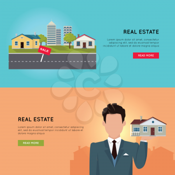Set of real estate vector conceptual web banners in flat style. Selling and buying a new place for living.  Illustration for real estate company web page design, advertising, housing concepts.