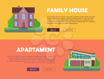 Set of real estate vector web banners in flat style. Family house and apartment horizontal illustrations for real estate company web page design, advertising, housing concepts.