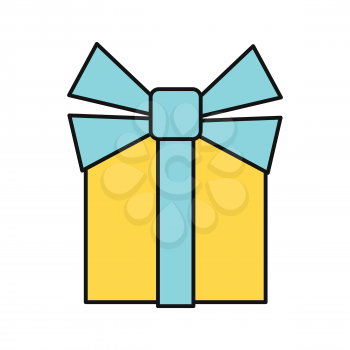 Gift box icon. Single yellow gift box with blue ribbon. Business design element. Design element, sign, symbol, icon in flat. Isolated object on white background. Vector illustration.