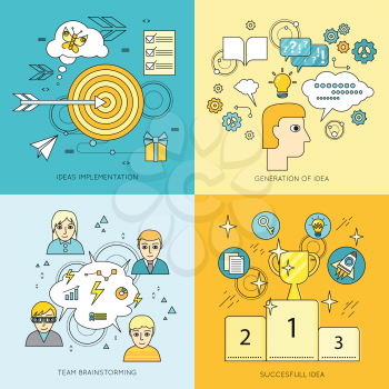 Set of idea concept vectors. Flat style. Ideas implementation, generation of idea, team brainstorming, successful idea illustrations for business, science, education companies ad, web page design.