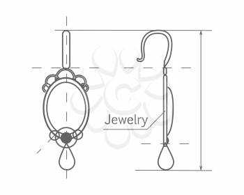 Jewelry production sketch isolated on white. Jewelry designer works on hand drawing sketch of earrings. Draft outline of diamond earrings design. Project of brilliant ornamental earrings. Vector