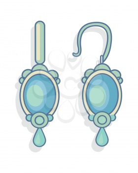 Blue earrings beautiful accessory. Luxury emerald earrings decoration. Silver earrings with sapphires. Earring icon. Isolated vector illustration on white background.