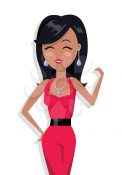 Beautiful Woman Vector. Flat style. Smiling female character in gorgeous red evening dress and jewels. Bracelet, necklace, earrings, ring on model. Illustration for jewelry store ad. On white