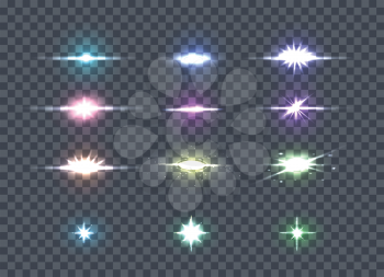 Set glows bright star lights. Glowing stars, sparkles, light flashes, shiny glitter on transparency. Glow bright star light firework. Glow, sparkle illuminated, flare effect, shine explosion. Vector