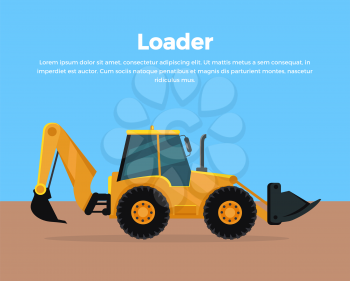 Loader vector banner. City building flat design concept. Construction machines in career. Extraction, transport, moving materials, earthworks illustration for advertise, infographic, web design.