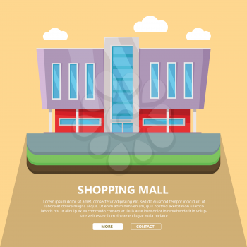 Shopping mall web page template with text more and contact. Flat design. Commercial building concept illustration for web design, banners. Shop, shopping center, mall, supermarket, business center