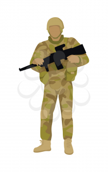 Armed soldier with weapon isolated. Infantry troop soldiers with gun. Men in camouflage combat uniform. Combat on foot. War concept. Strong fighter troop. Commander. Vector illustration in flat style.