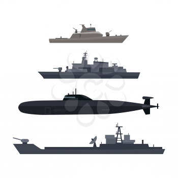 Naval ships set. Military ship or boat used by navy. Damage resilient and armed with weapon systems. Armament troop transport. Naval warfare. Termed warships to support shipyard operations. Vector