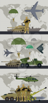 Military infographic banners with world map on background. Military soldier or officer with weapons. Airborne and infantry troops. War and ammunition concept. Men in camouflage combat uniform. Vector