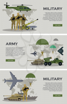 Military infographic banners with world map on background. Military soldier or officer with weapons. Airborne and infantry troops. War and ammunition concept. Men in camouflage combat uniform. Vector