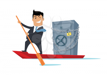 Escape with money concept vector. Flat design. Success. Financial crime, tax evasion, money laundering, political corruption illustration. Smiling man in business suit sailing away on boat with safe.