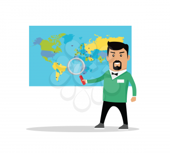 Man with loupe standing near the world political map. Flat design. Information searching concept vector illustration. Global politics, breaking news, climate change, concept. On white background.