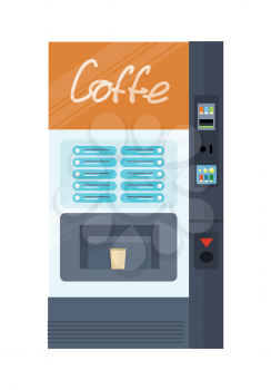 Vending machine for coffe. Automatic device for hot drinks. Slot coffee machine isolated on white. Part of the series of business office interior design. Auto beverage maker. Vector illustration