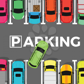 Parking conceptual web banner. Car leaves the parking place. Parking lot or car park. City parking structure. Parkade. Shortage parking spaces. Large number of cars in crowded parking. Urban infrastru