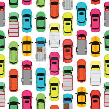Seamless pattern with cars on parking. Endless texture with different kinds of automobiles. Wallpaper design with transport vehicles. Parking lot or car park. Large number of cars in crowded parking. 