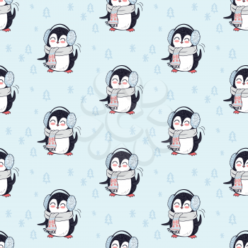 Seamless pattern with penguin animal in scarf and headphones. Endless texture with funny polar winter bird. Wallpaper design with cartoon character. Wild penguin in flat style design. Vector