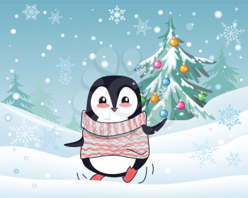 Christmas penguin vector illustration. Flat design. Funny penguin warn sweater dancing on snow in snowfall near christmas tree hung with color ball toys. Winter holidays mood. For greeting card design
