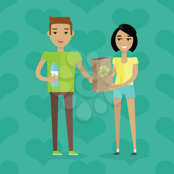 Ecological people vector concept. Flat design. Young man and woman standing together and holding plastic bottle and paper bag with recycle sign. Care for the nature. On green background with hearts