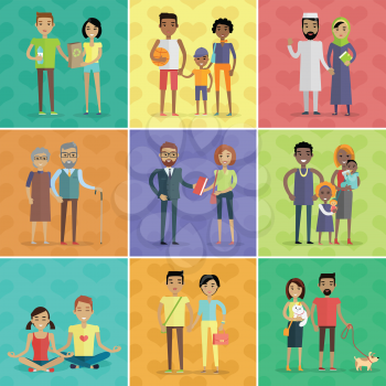 People of the world vector concept in flat design. Collection of couples with children. Peoples of all ages and human races in national clothes, different poses and variety professions. Vector