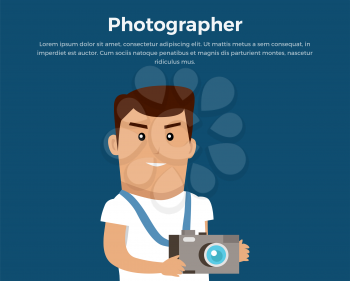 Photographer concept banner illustration. Vector flat design. Profession, hobby, travel photography template for web design. Man with photo camera standing on blue background.