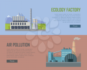 Ecology factory and air pollution banners. Factory building with pipes in flat. Factory building with pipes on nature mountain landscape. Power plant smokestacks emitting smoke over urban cityscape