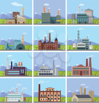Set of factory building banners. Factory building with pipes on nature mountain landscape. Industrial plant with pipes. Plant with smoking chimneys. Ecological production, air pollution concept
