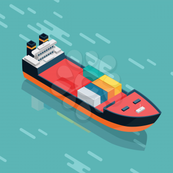 Container or cargo ship sailing in the sea. Multi-purpose vessel. Chemical or product tanker. Custom high speed picker boat. Carries cargo, goods, and materials from one port to another. Vector